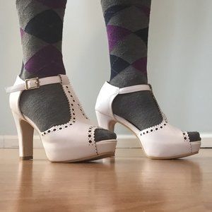 White T-strap cut-out faux leather platform heels